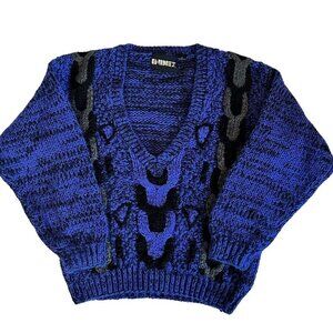 Index Chunky Sweater Women's Small Purple Black‎ Vintage 1980s V-Neck Preppy